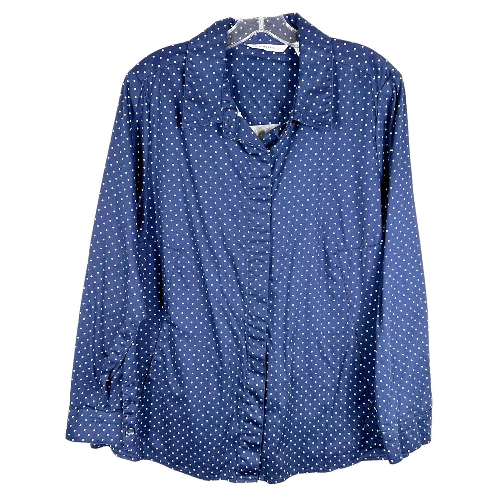 Isaac Mizrahi Live Plus Size 14 Top Button Down Blouse Polka Dot Blue White 1256